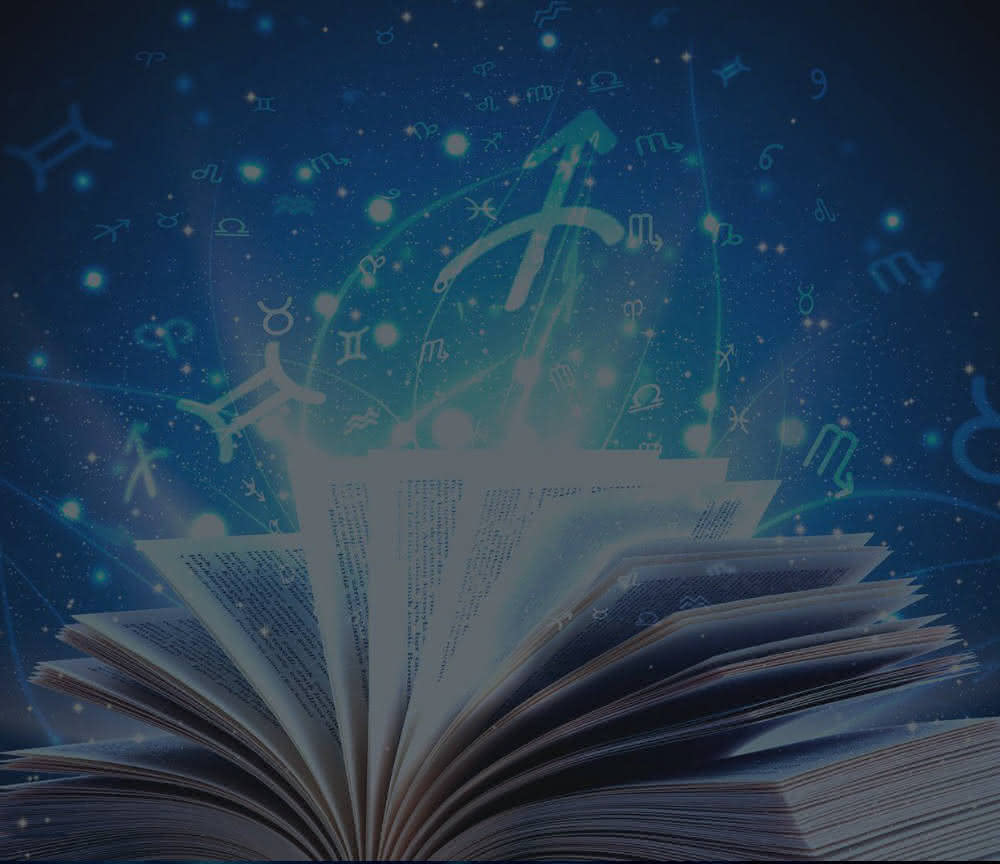 Odprta knjiga, iz katere se dvigajo zodiakalna znamenja